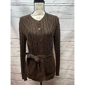 Jeanne Pierre small cotton brown long sleeve cardigan sweater with tie around wa